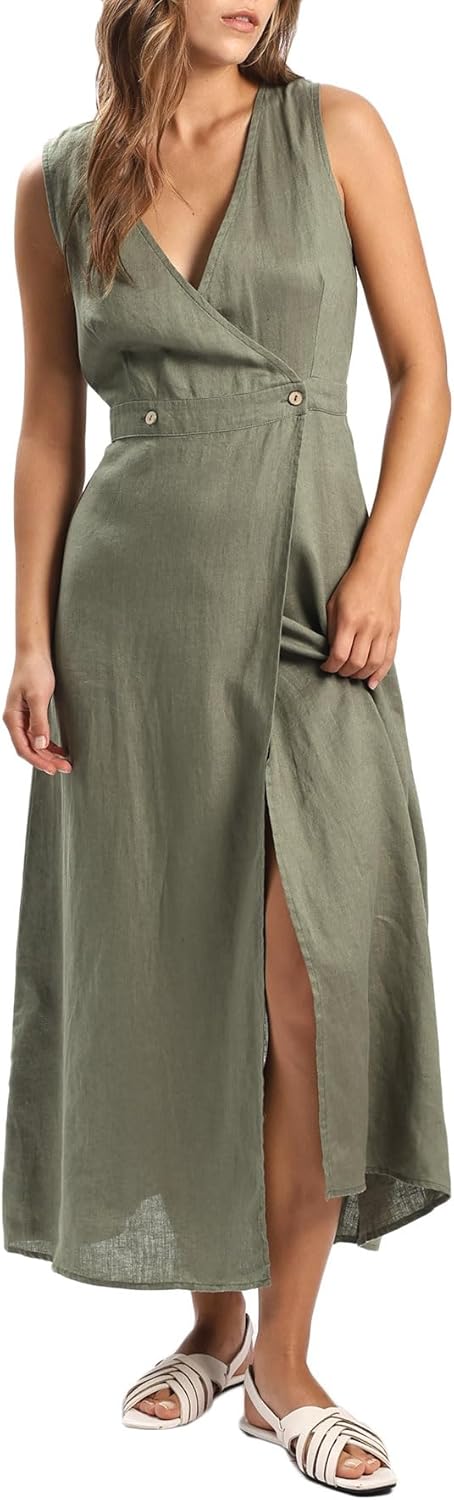 Amazhiyu Women's 100% Linen Summer Sleevelesss V-Neck Wrap Midi Dresses Casual Green, Large - Image 2