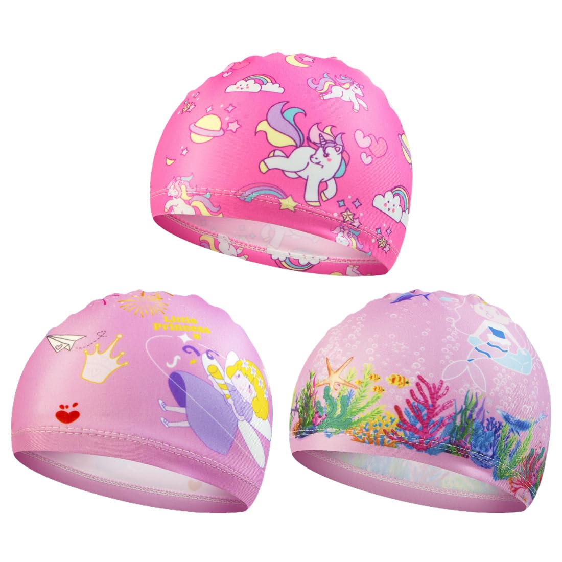 HSIXHAF 3 pcs Gorros de Natación Gorros de Baño Sombrero de Natación Gorros de Natación de Piscina Divertidos para Niños Pequeños de Pelo Largo y Corto, Sirena, Caballo arcoíris, Elfo.