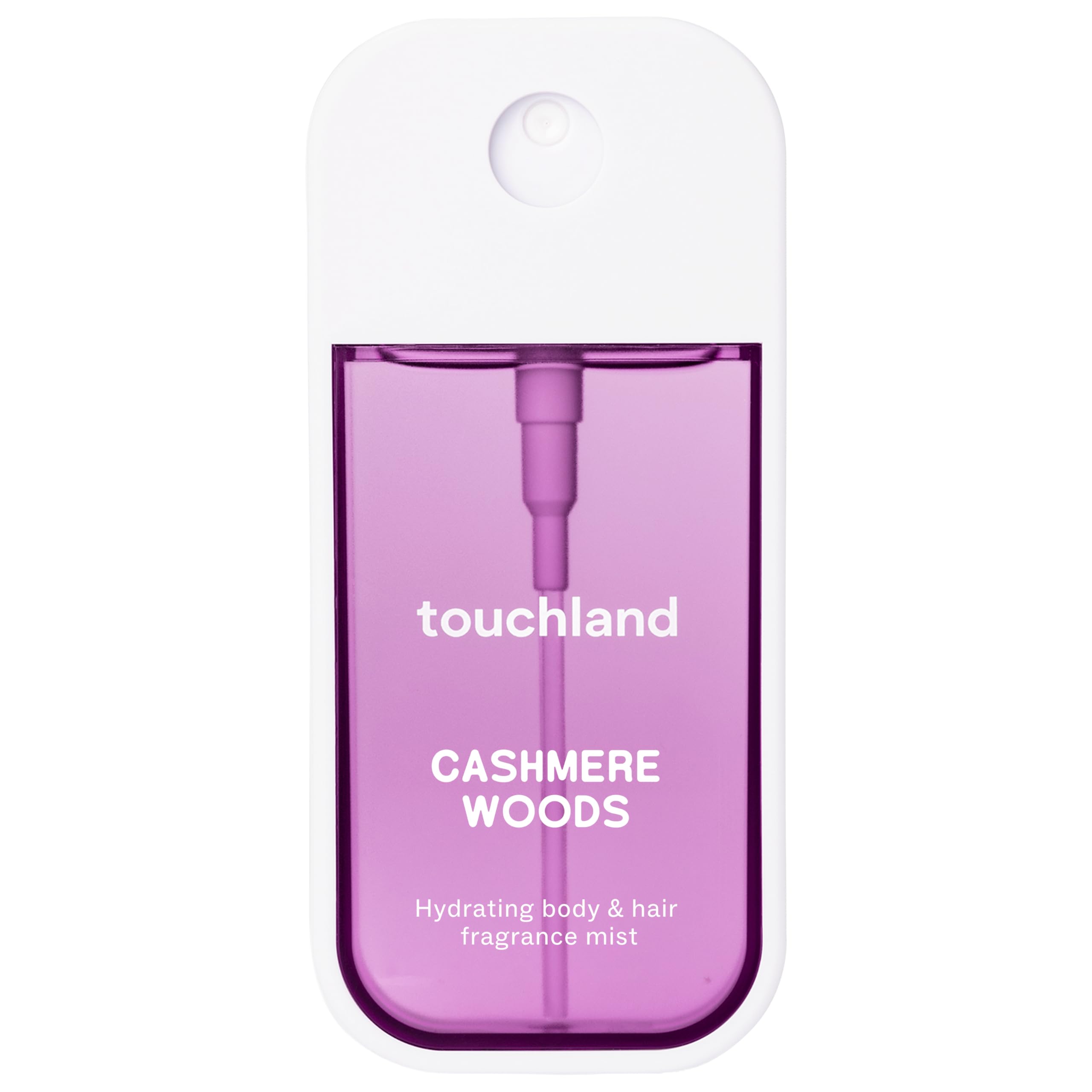 Touchland Body & Hair Cashmere Woods Hydrating Fragrance Mist Travel Size | TSA ready spray. Warm woods scent of sweet cream, vanilla & jasmine. Hydrates and refreshes skin and hair.