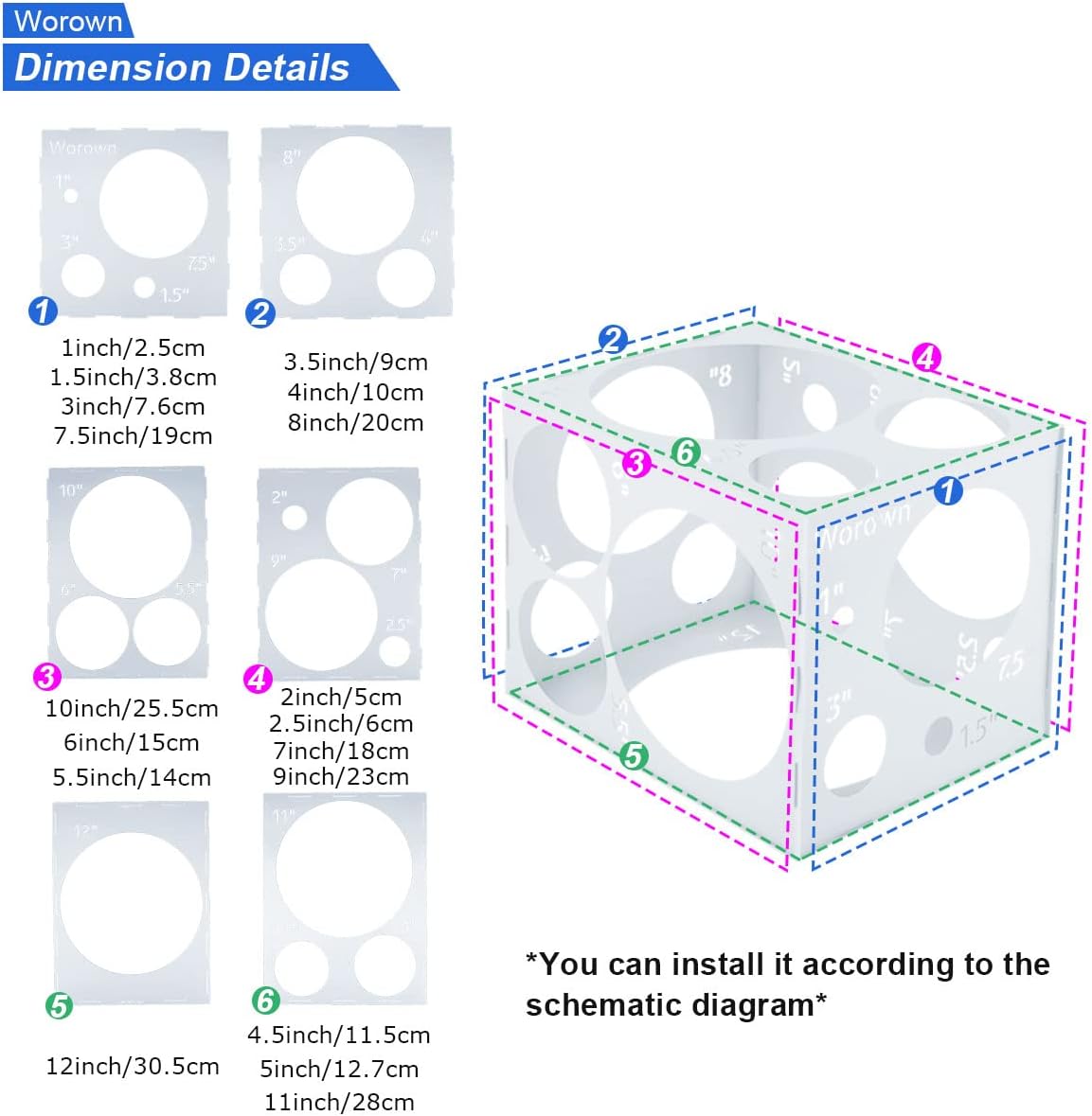 Worown 18 Holes Large Collapsible White Plastic Balloon Sizer Box, 1-12 Inch Balloons Sizer Cube, Balloon's Size Measurement Tools for Party Decorations White 18 Holes