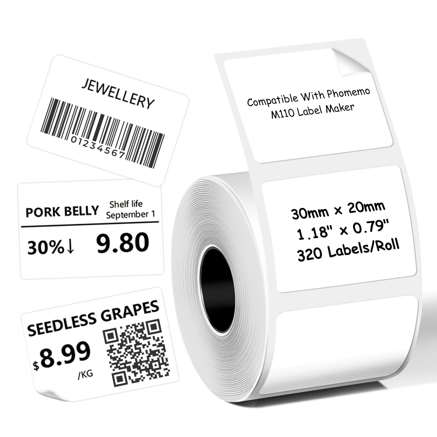Thermal Labels Compatible with Phomemo M100/M110/M150/M221/M220/M120/M200/M250 Label Printer,1.18" x 0.79" (30x20mm), 320 Labels/Roll, Black on White