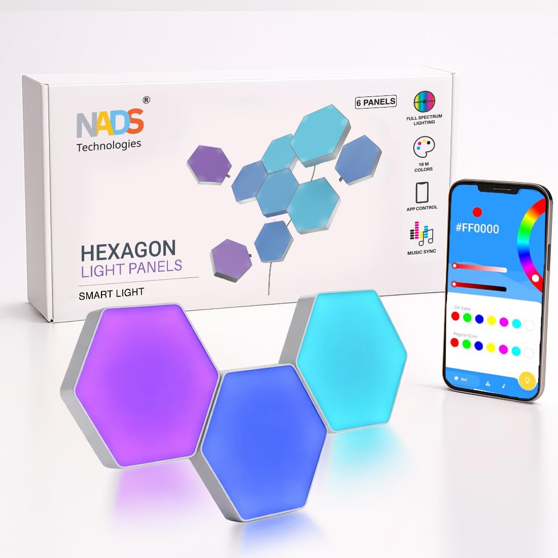 Hexagon LED Light Panels (Set of 6 Panels) RGBIC Smart Wall Lights with App Control, Music Sync, 16 Million Colors | Gaming Room, Bedroom, Home Décor Lights-image-1