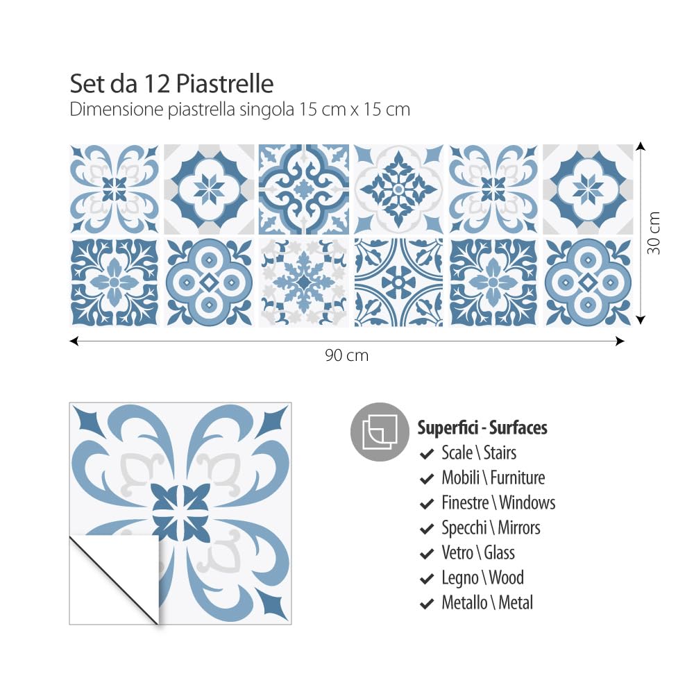 RE-COVERTILES - Adesivi per Piastrelle Bagno e Cucina 12 Pz 15x15 cm - PS00104 Decorazione murale in PVC Impermeabile mattonelle Mosaico Stile cementine Azulejos