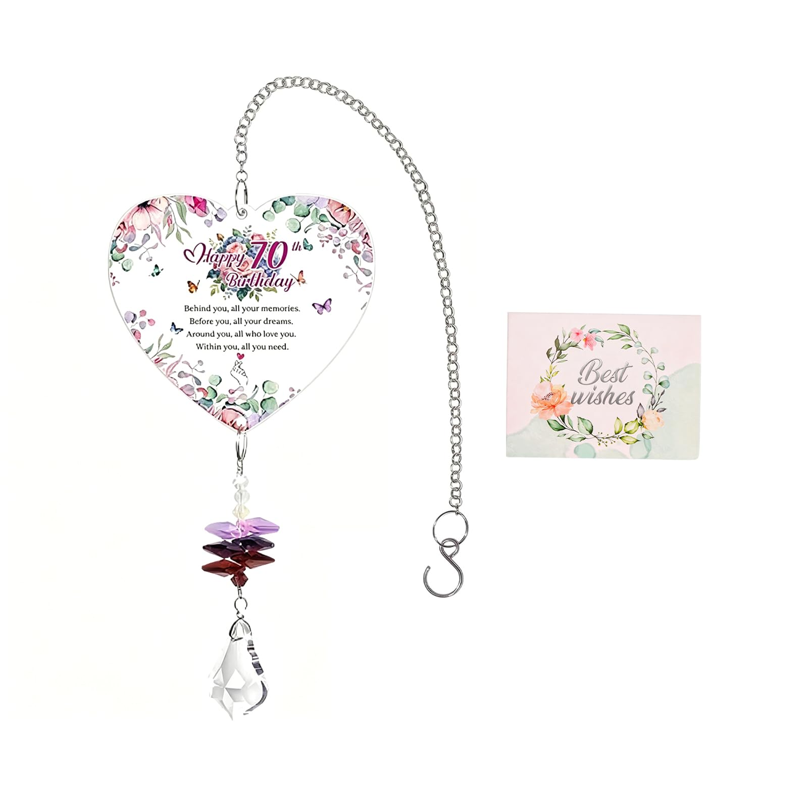 70th Birthday Crystal Suncatcher Gift for Women, Heart Hanging Window Ornament with Inspirational Message, 70th Birthday Gifts for Women, Auntie Gifts, Decorative Keepsake for Mum Grandma Friend