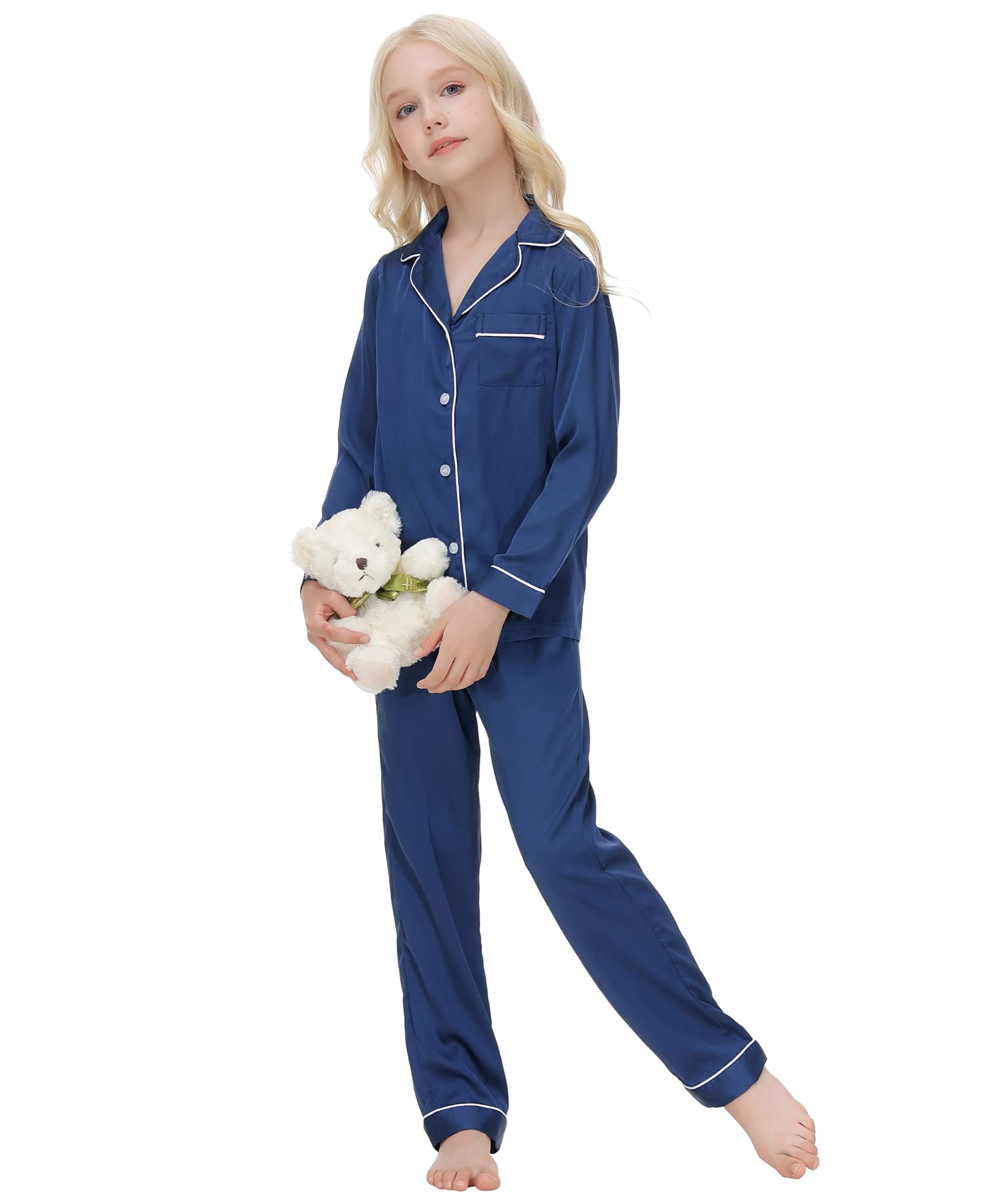 Verve Jelly Bambini Bambino Bambino Ragazza Ragazzo Pigiama Raso Set Manica Lunga Button-Down Magliette e camicette Camicia Pigiama + Pantaloni Lunghi Bottoms Pantaloni Degli Indumenti Da Notte Abiti