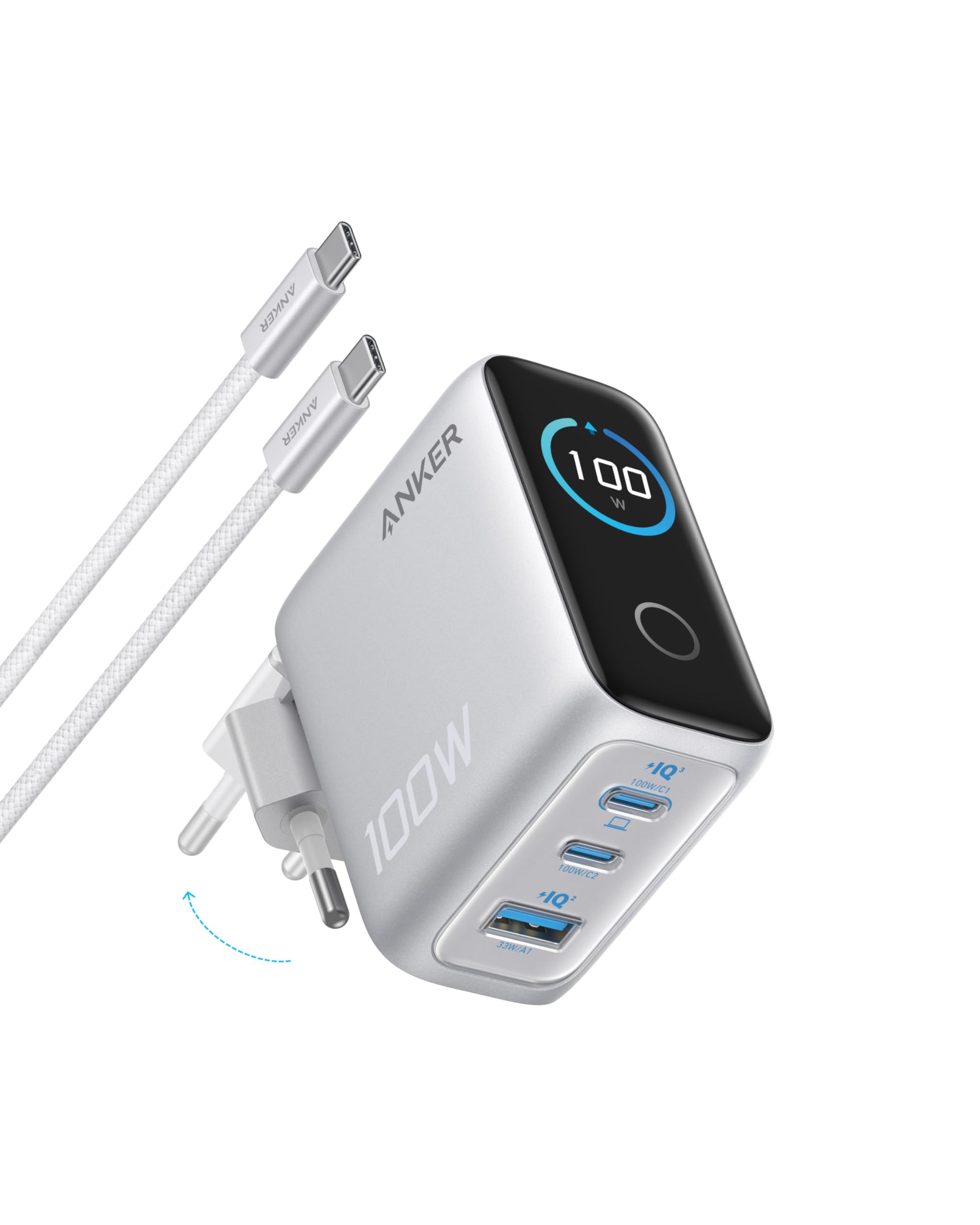 Anker USB-C Ladegerät 100W Max 3-Port GaN mit Smart Display