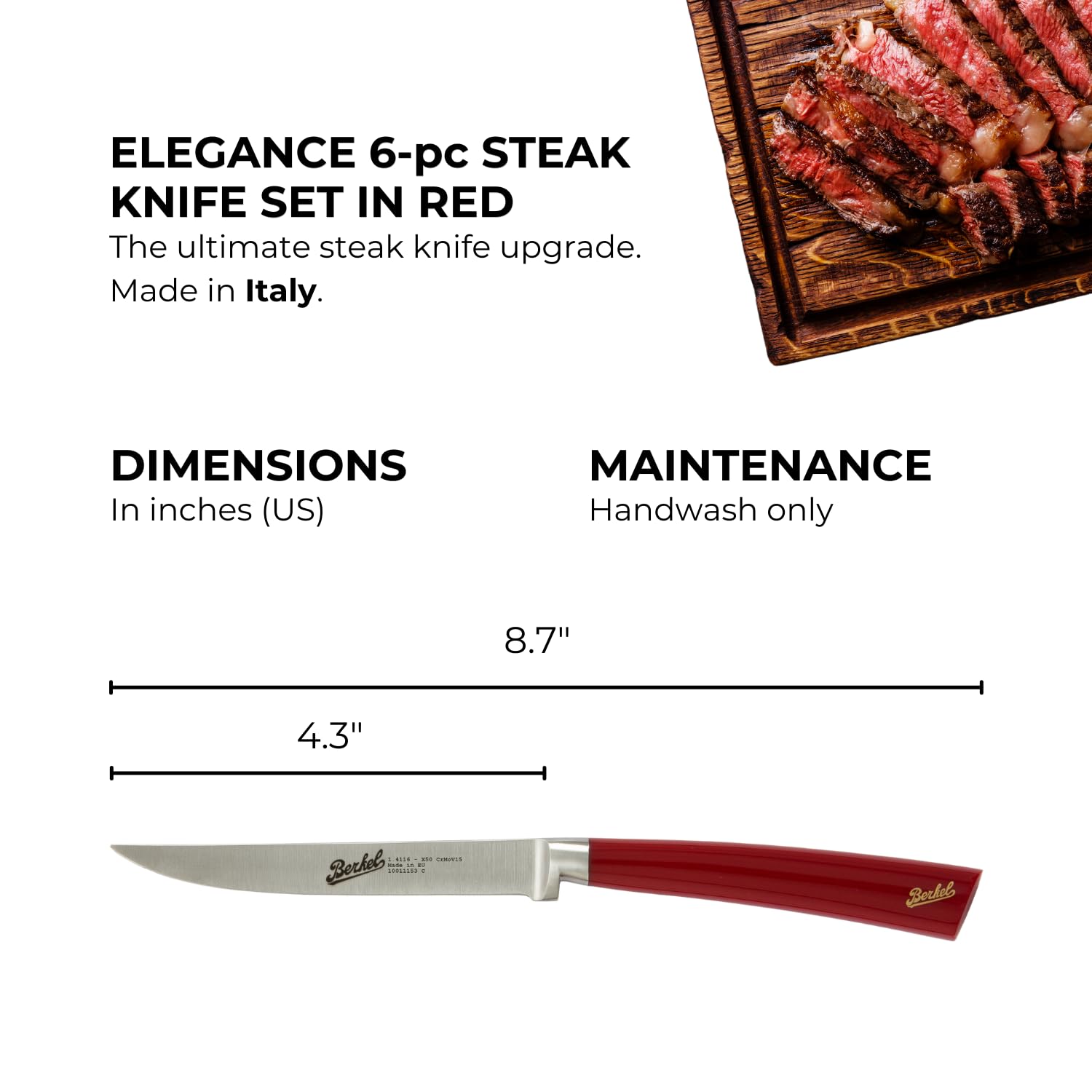 Berkel Elegance 6-Piece Steak Knife Set | Premium Stainless Steel Knives for Clean and Even Cuts | Made in Italy (Red)