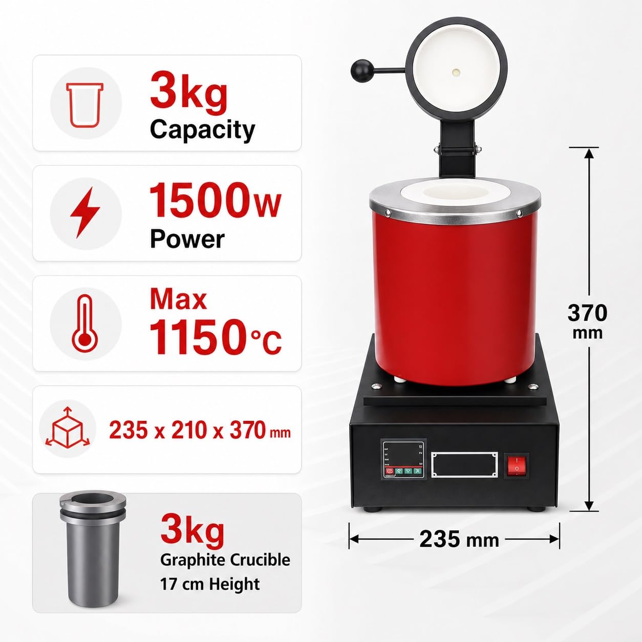 Horno Eléctrico De Fusión De Oro, Kit De Crisol Digital De 3 Kg | Crisol de grafito, fundición de joyería, calentamiento de 1500 W, 1150 °C máx., guantes y pinzas(1kg)