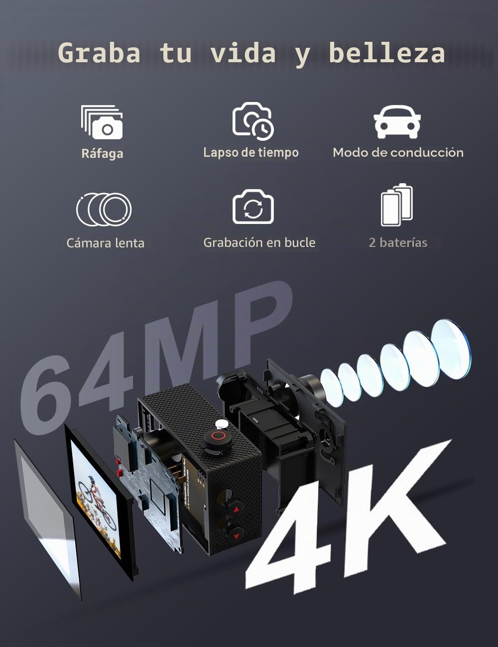 Apexcam Cámara Deportiva 4K60 con EIS Cámara de Acción WiFi Cámara subacuática Impermeable 40M Action Camera Gran Angular 2.4G Remoto 2 baterías de 1350mAh y Accesorios Multiples