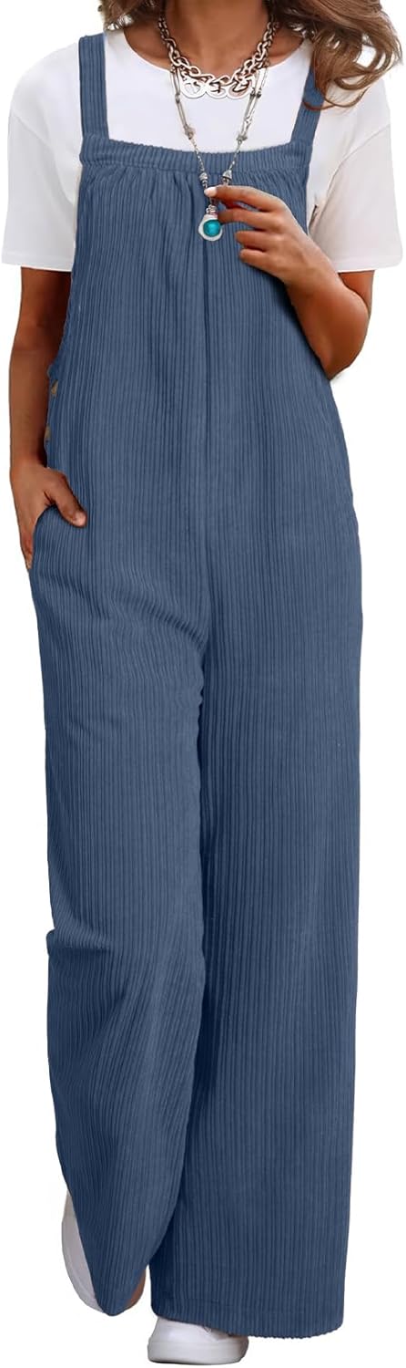 Happy Sailed Womens Corduroy Overalls Winter Fall Casual Sleeveless Adjustable Strap Wide Leg Long Pants Rompers