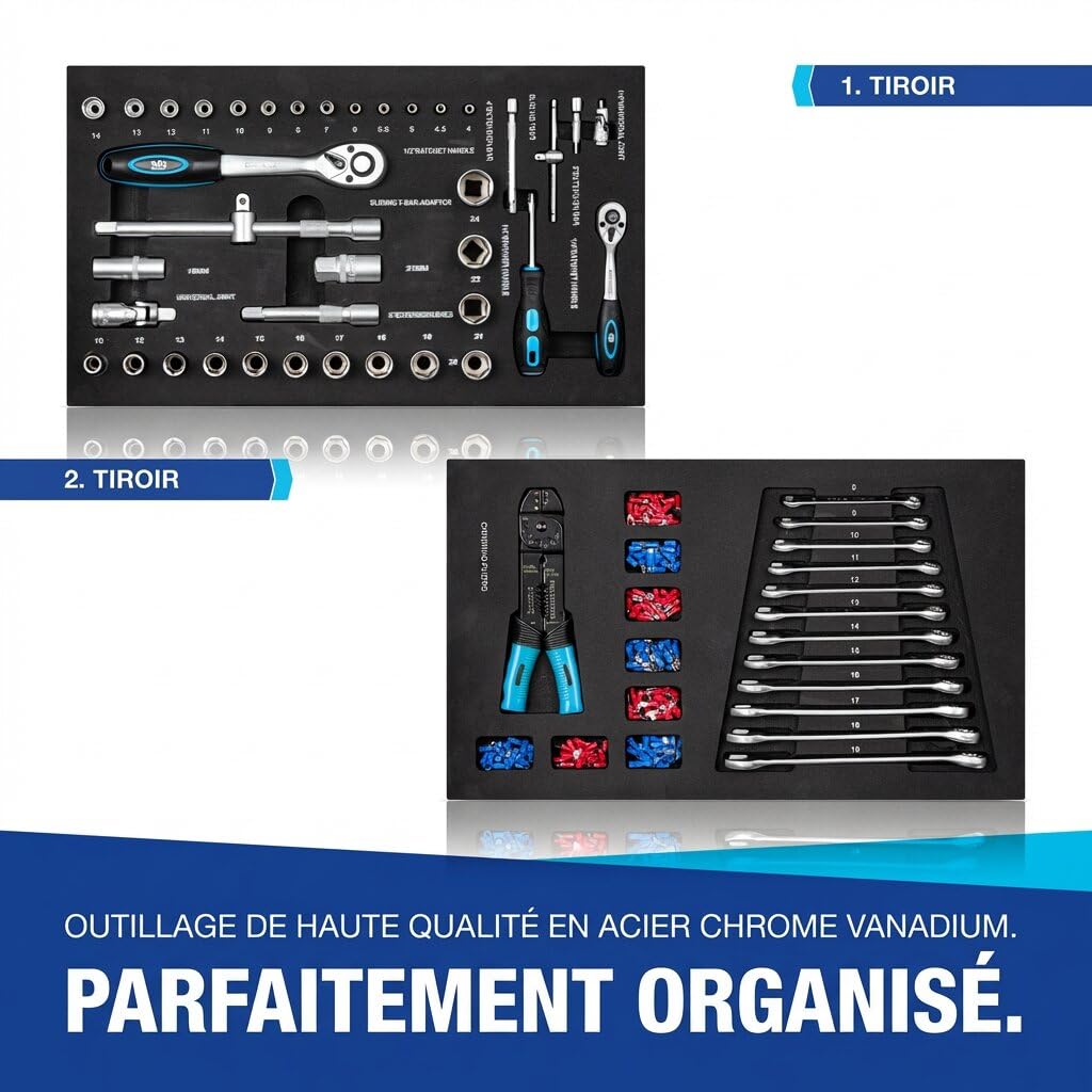 NTG Chariot d'atelier avec Outils 70 pièces - 4 tiroirs + Grand Compartiment - tiroirs sur roulements à Billes - sécurité de Transport - 2 roulettes avec Frein de stationnement - Chariot à Outils