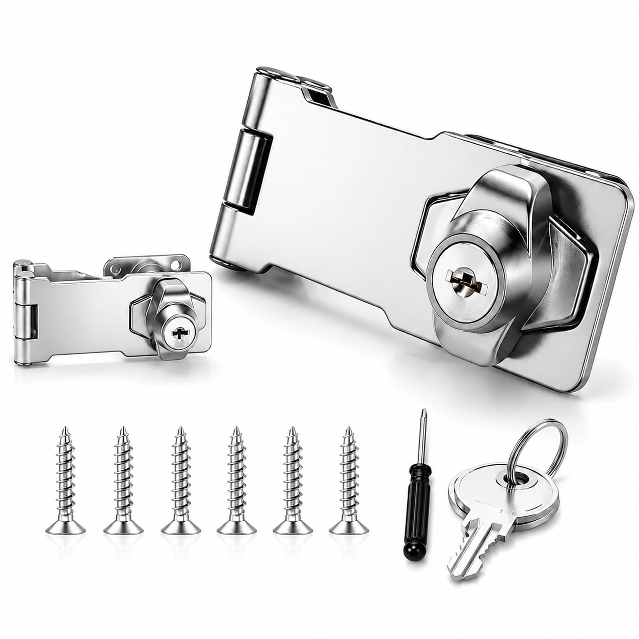 FortWeal 180 Degree Keyed Hasp Lock, Twist Knob Door Latch Bolt Lock Buckle with Aliked Keys for Drawer Cupboard Cabinet Furniture Mailbox Gate Closet, Silver, 4 Inch, with Mini Screwdriver