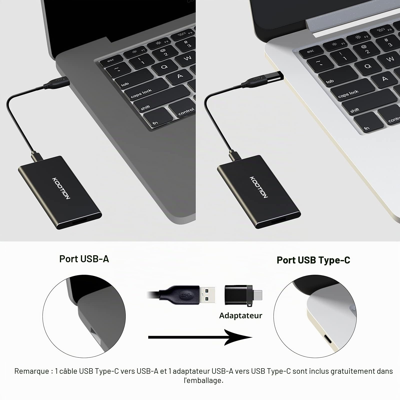 KOOTION Disque Dur Externe 250 Go SSD Ultra Mince Jusqu’à 550 Mo/s en Lecture USB 3.1 USB Type-C Solid State Drive avec 2*câbles Portable pour PC,Desktop,Laptop,Macbook,Smartphone