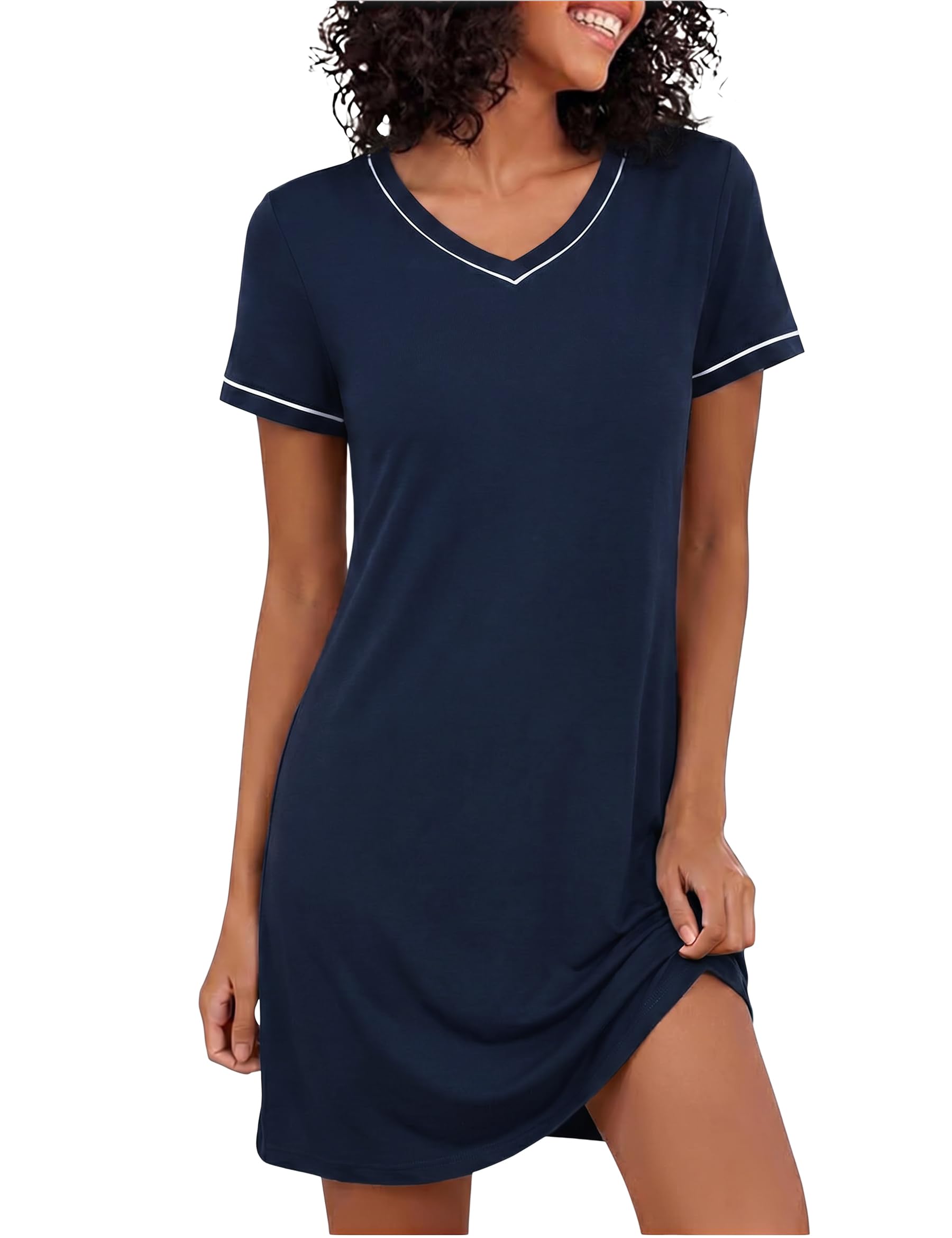 Marvmys Nachthemd Damen Kurzarm Sommer Nachtkleid Leichtes Atmungsaktives Sleepshirt mit V-Ausschnitt Schlafhemd Bequeme Loungewear Hauskleid Große Größen S-3XL