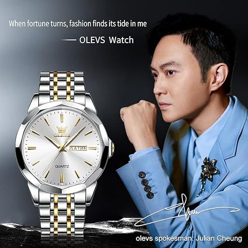 Miniatura 9 de OLEVS Watch for Men Diamond Business Dress Analog Quartz Stainless Steel Waterproof Luminous Date Two Tone Luxury Casual Wrist Watch Blue
