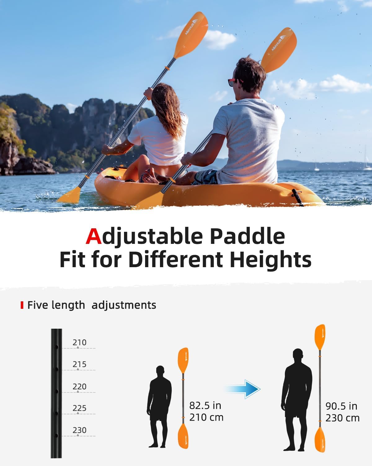 abahub adjustable kayak paddle 210-230 cm/ 230-250 cm floating kayaking oars boating oars canoeing oars black orange 82.6''- 90.5'' ( 210 - 230 cm )