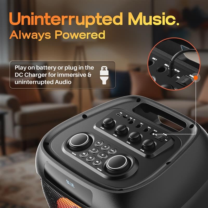 GOBOULT Partybox X200 showing the DC charger input and power switch, emphasizing uninterrupted music when plugged in.