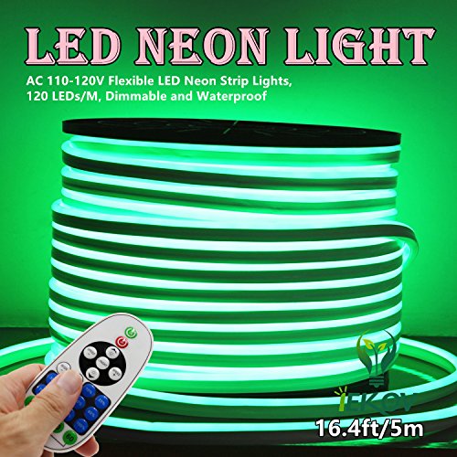LED NEON Light, IEKOV™ AC 110-120V Flexible LED Neon Strip Lights, 120 LEDs/M, Waterproof 2835 SMD LED Rope Light + Controller Power Cord for Home Decoration (16.4ft/5m, Green)