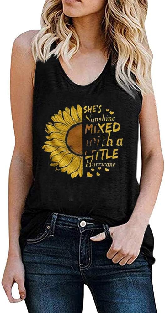 Cicy BellWomen's Sunflower Graphic Tank Tops Letter Print Sleeveless Casual Cotton T Shirts