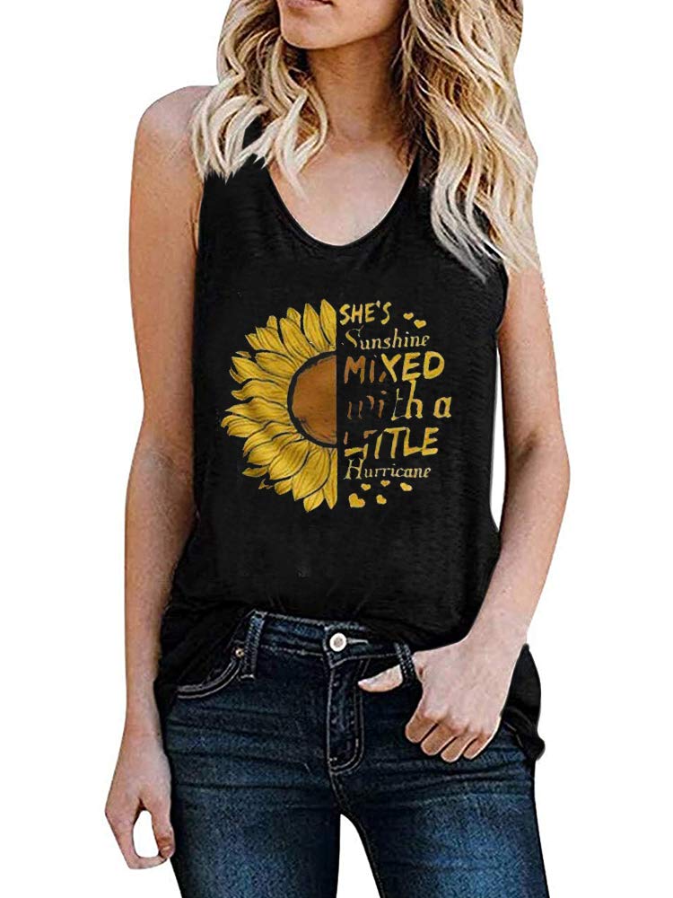 Cicy BellWomen's Sunflower Graphic Tank Tops Letter Print Sleeveless Casual Cotton T Shirts