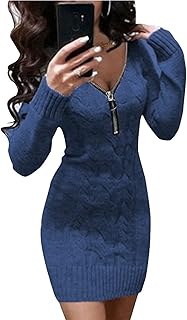 Luckywaqng Jersey Dresses Women's Midi V-Neck Casual Dresses Plain with Zip Long Sleeve Party Dresses Elegant Slim Fit Wrap Dresses Casual Sweater Dresses Comfortable Midi Dresses Tunic Dress