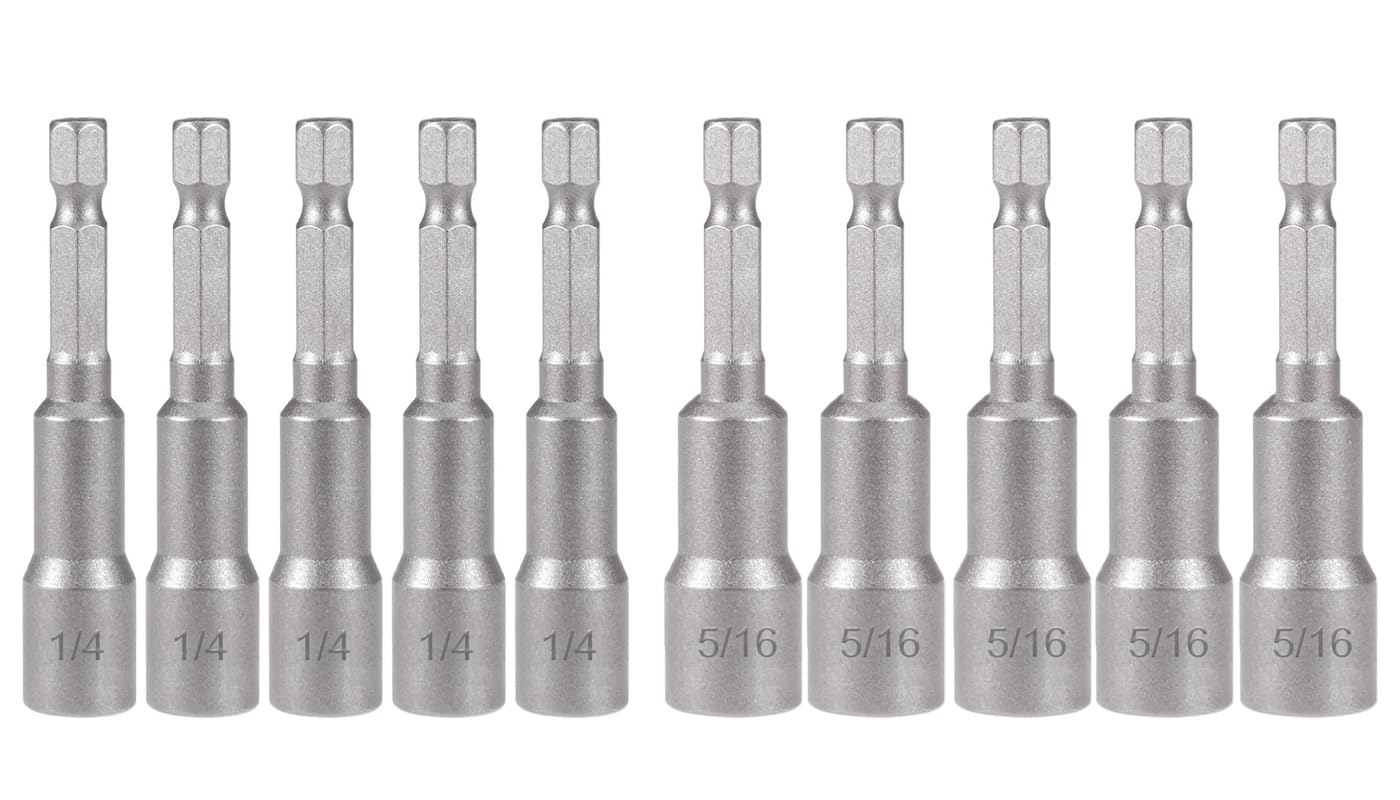 Saipe 10pcs SAE 1/4” and 5/16” Magnetic Nut Driver Bit Set, 1/4 inch Driver Power Nut Setter Drill Bits for Impact Drill, Socket Adapter Hex Nut