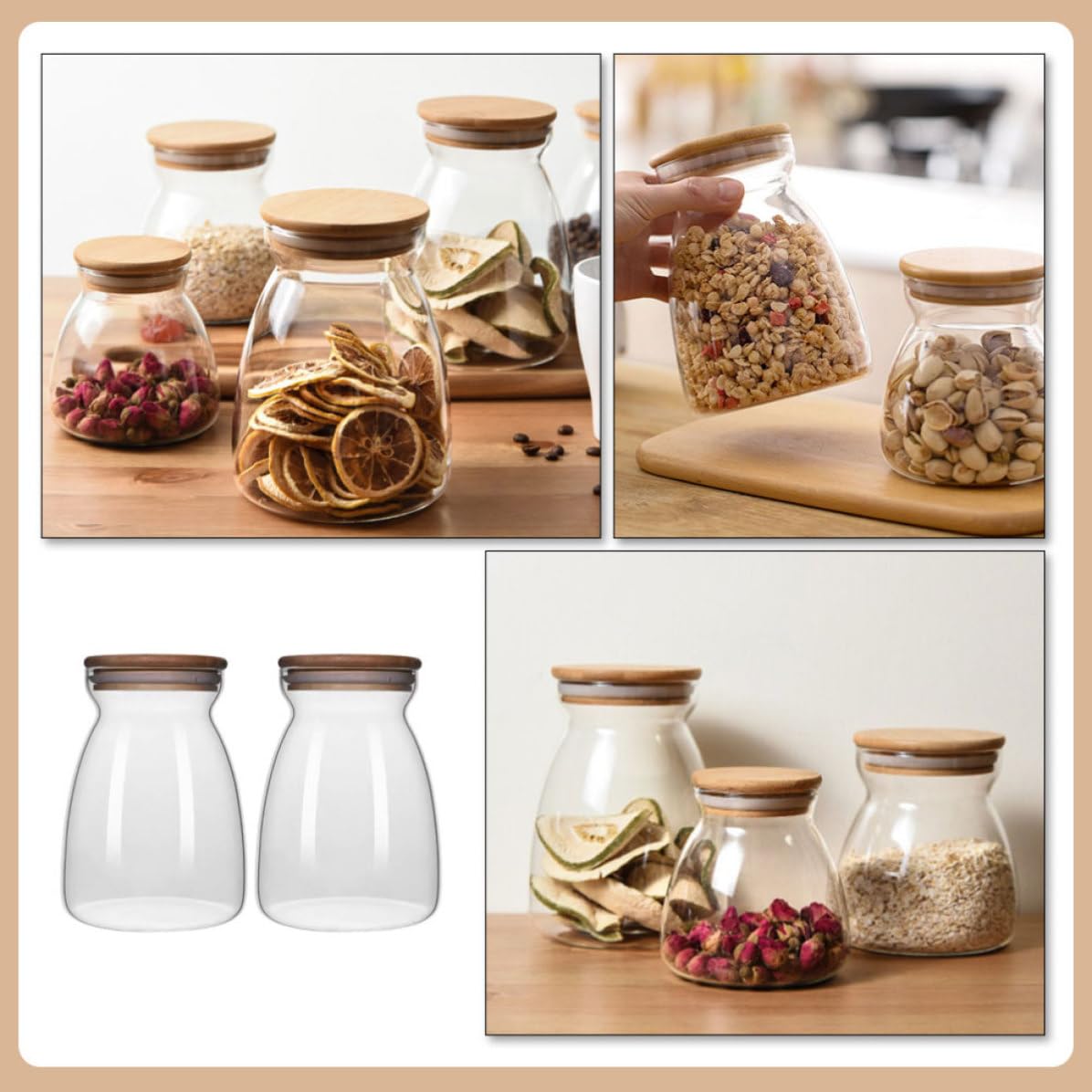 MAGICLULU Recipientes de Vidrio Borosilicato 2 Piezas Tapa de Madera y Silicona Capacidad 1000ml para Almacenamiento de Alimentos y Granos para Escritorio