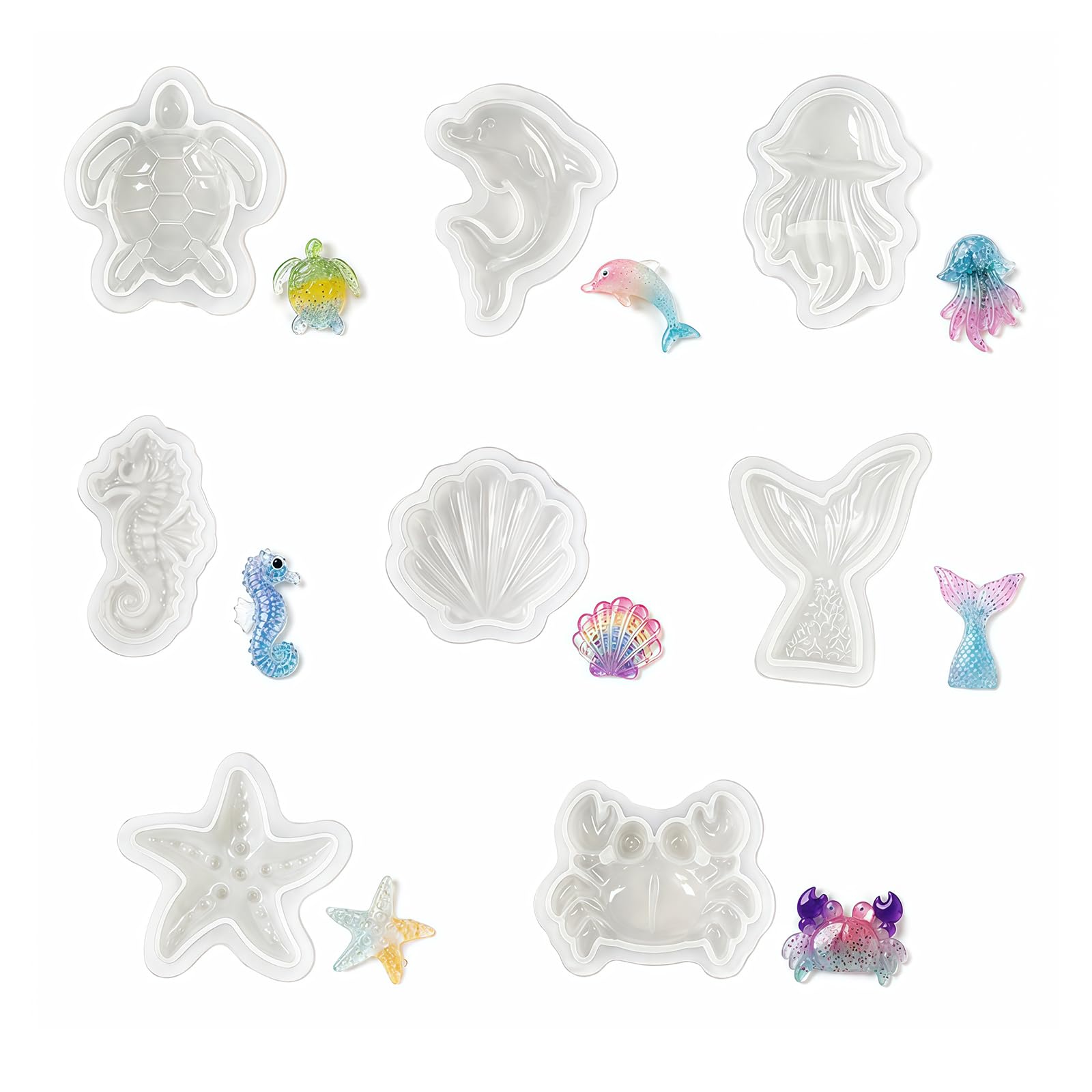 Sukizifa 8 Pcs Silicone Moulds, Marine Theme, Seashell, Dolphin, Turtle, Starfish, Mermaid, Silicone Moulds for DIY Decoration