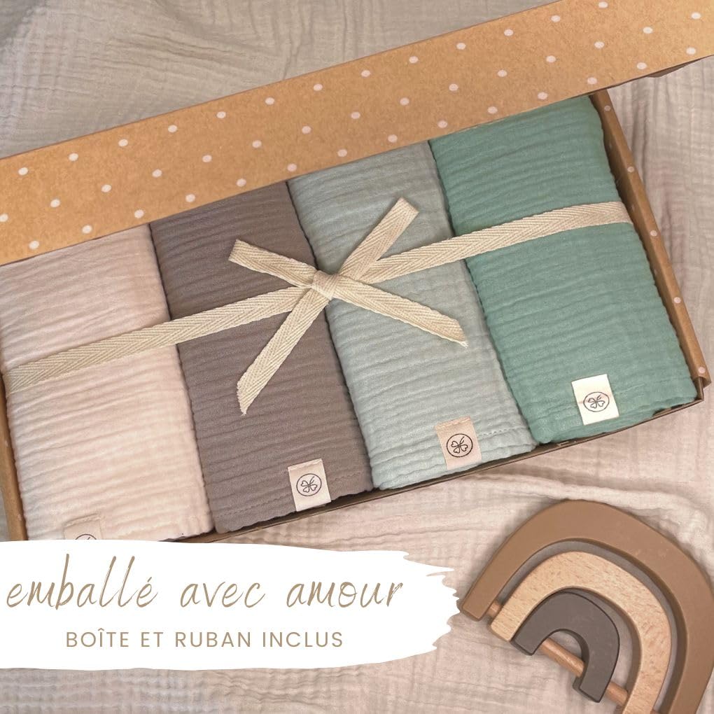 DIKOS® Premium Langes Coton Bébé Menthe Crème | 100% Coton Biologique Certifié GOTS | 64x64cm Set de 4 Pièces | Lange Mousseline Crêpe Bebe doux Garçon et Fille | Cadeau de Naissance Cadeau Nouveau Né