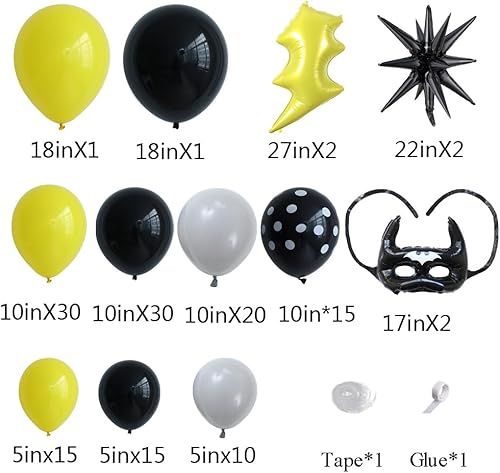 Miniatura 3 de Decoración de fiesta de cumpleaños de color amarillo, negro y gris, 145 unidades, juego de arco de globos de héroe de murciélago de dibujos animados