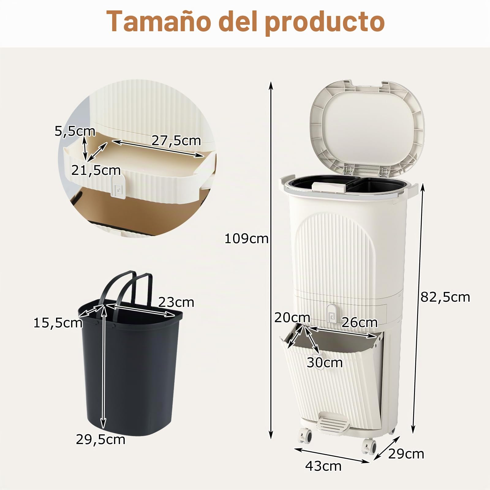 GOPLUS Cubo de Basura Cocina 42 L con 3 Compartimentos, Pedal y Ruedas, Cubo Basura con Tapa, 2 Cubos Extraíbles y Cajón, Contenedor Vertical para Reciclaje para Salón, Baño, Beige