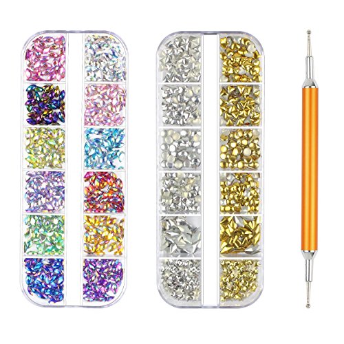 Nail Art Rhinestones - 1800 Pieces Nail Gems Nail Art Rhinestones Kit Decorations With Nail Dotting Pen for Nail Art Decorations Supplies (2 Boxes)