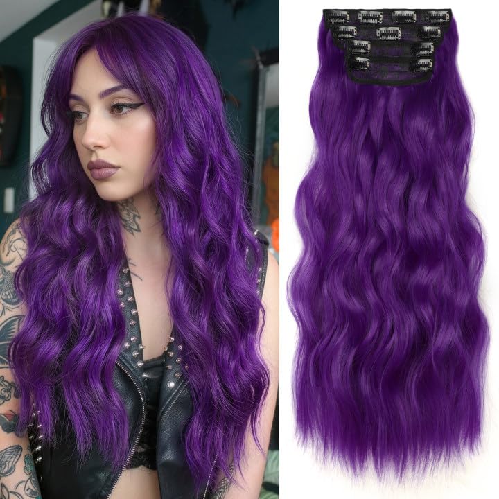 Image of KooKaStyle Clip in Synthetic Hair Extensions Long Wavy 4PCS Thick Hairpieces Electric Purple Fiber Double Weft Natural Hair Extensions 24 Inch for Women