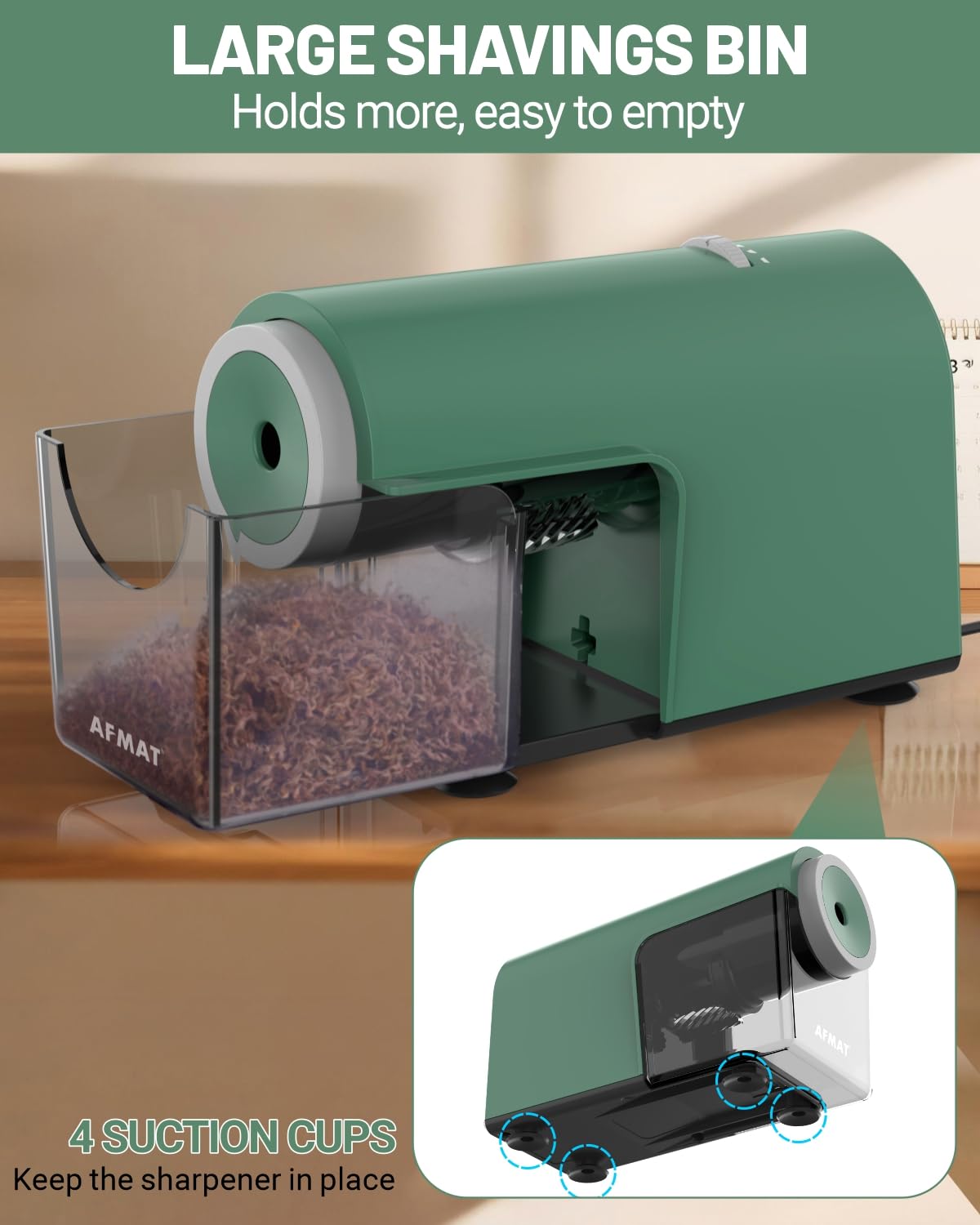AFMAT Taille-Crayon Électrique Entièrement Automatique Rechargeable avec Réservoir - Plus de 10 000 Utilisations - Taille-Crayon Rapide Haute Performance pour N° 2/Jumbo/Crayons (φ6,5-10,5mm) - Vert