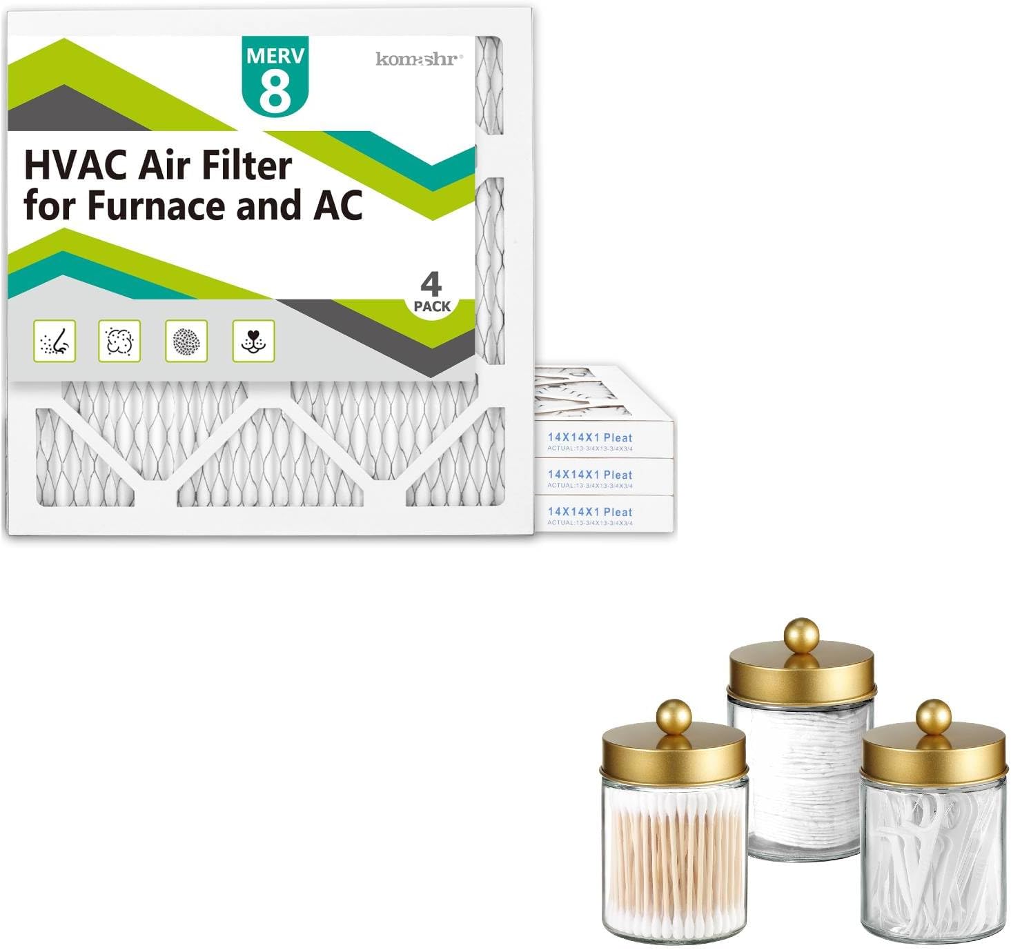 14x14x1 Air Filter MERV 8 (4-Pack), HVAC/Furnace AC Filter Replacement Apothecary Jar Canisters Bathroom Vanity Organizer(Gold)