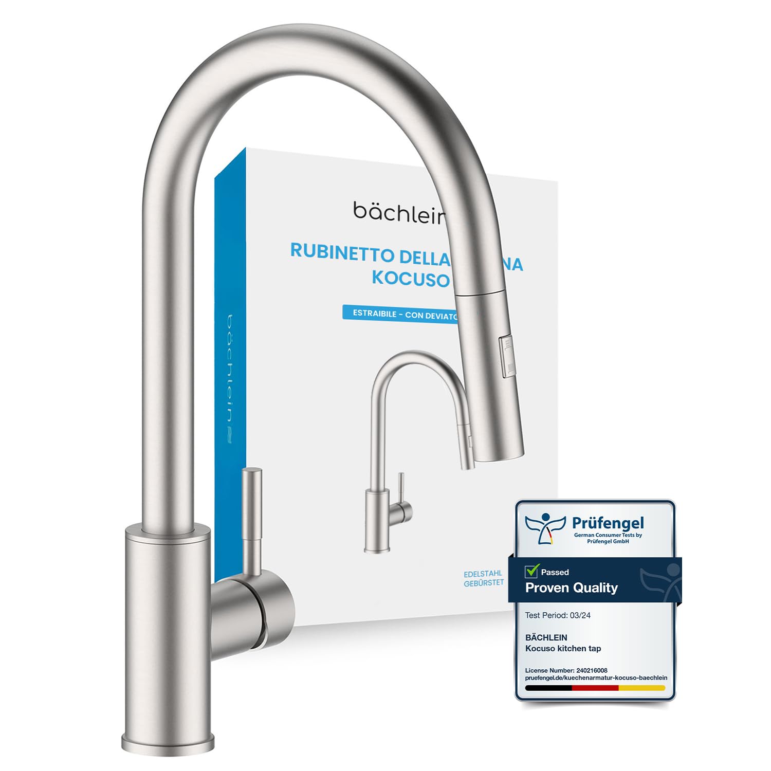 Bächlein Rubinetto da Cucina Girevole a 360 Gradi Colore Acciaio Inox Spazzolato Singolo Rubinetto Lavello Manuale Tubo Flessibile Estensibile Soffione con Pulsante a Levetta Rubinetto per la Cucina
