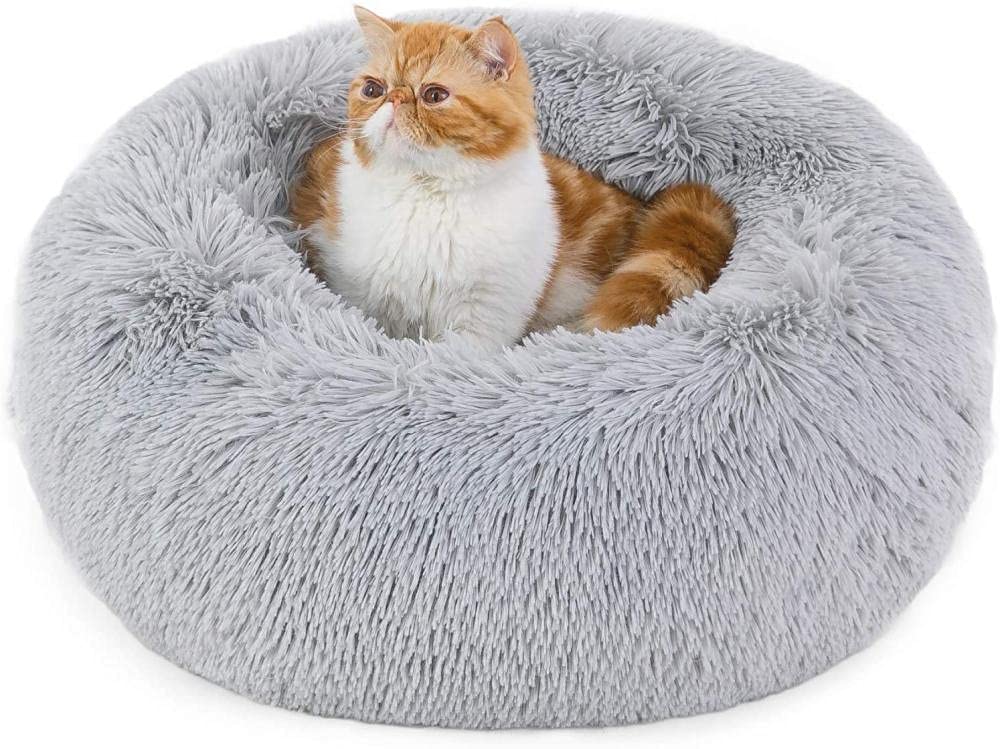 Bedsure Hundebett waschbar Flauschiges Katzenbett - Ø 50 cm Donut Kissen, Katzenschlafplatz für Katzen Kleine Mittelgroße Hunde, Plüsch Katzenkissen Rund Kuschelbett, Hellgrau