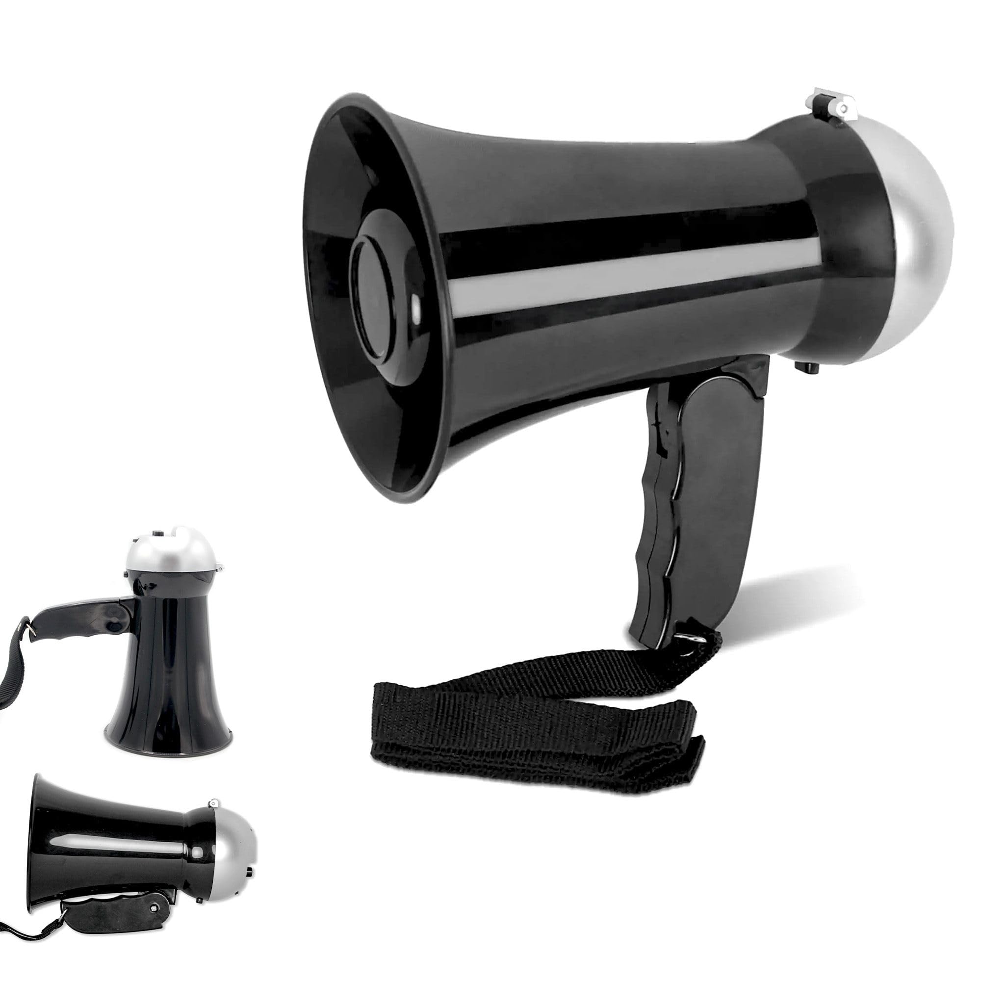 Mini Megáfono 10 W - Función Altavoz y Sirena - Volumen Ajustable - Funciona con 6 Pilas AA - 17 cm - Negro