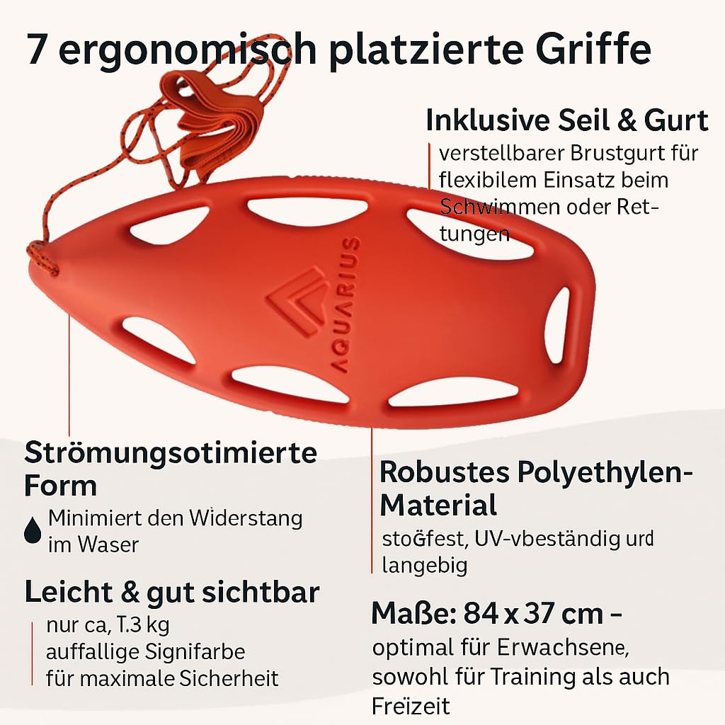 molti Rettungsboje Erwachsene 84x37cm – PRS-Zertifiziert, Freiwasser | Polyethylen, 7 Tragegriffe, verstellbarer Brustgurt, ca. 1,55 kg, leuchtend Orange, für Rettungstraining