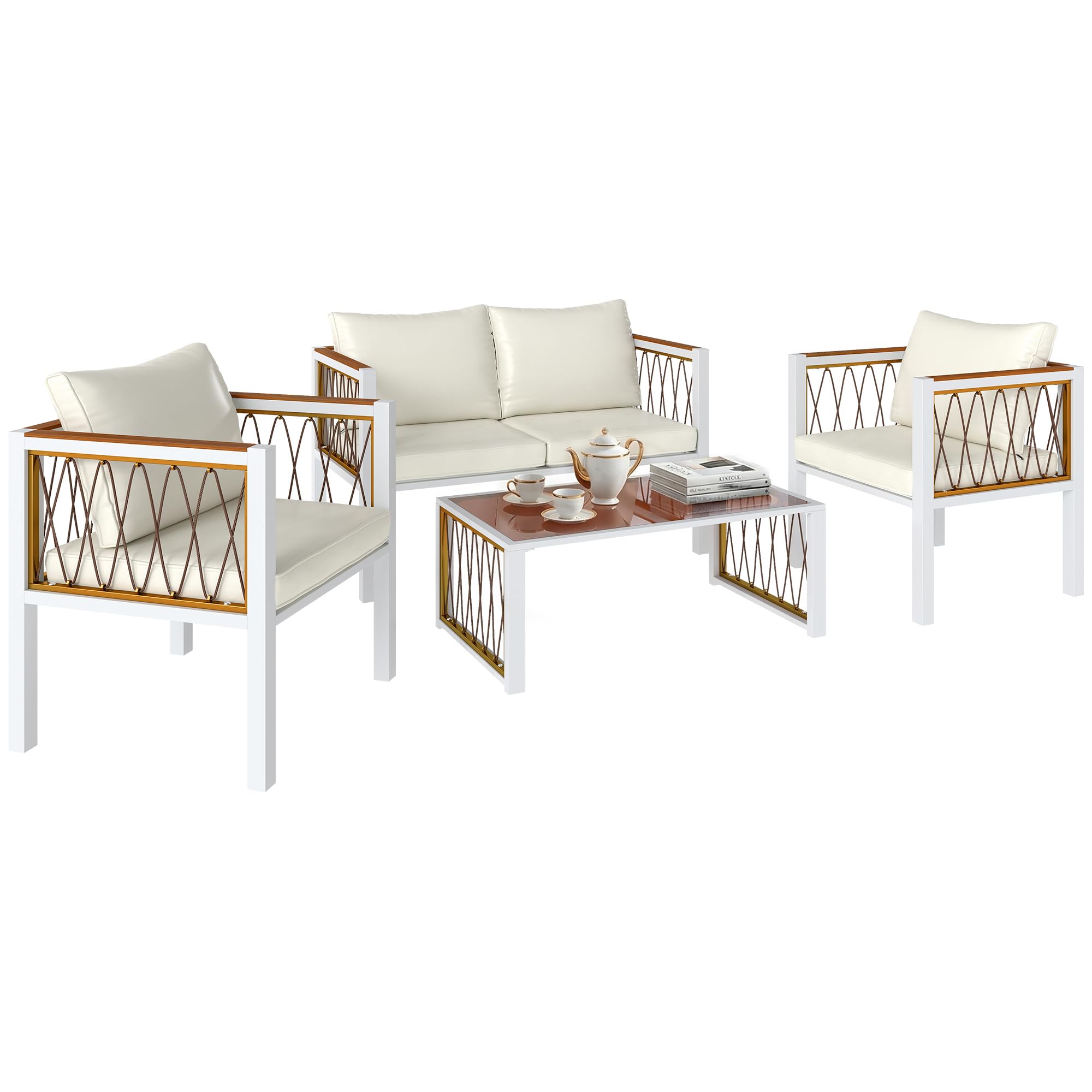 Outsunny Gartenmöbel Set 4-Teilig Polyrattan für 4 Personen Cremeweiß | Lounge-Set mit Zweisitzer, 2 Sessel, Glastisch, Abnehmbare Kissen, Rutschfeste Matte, Balkonmöbel Sitzgruppe