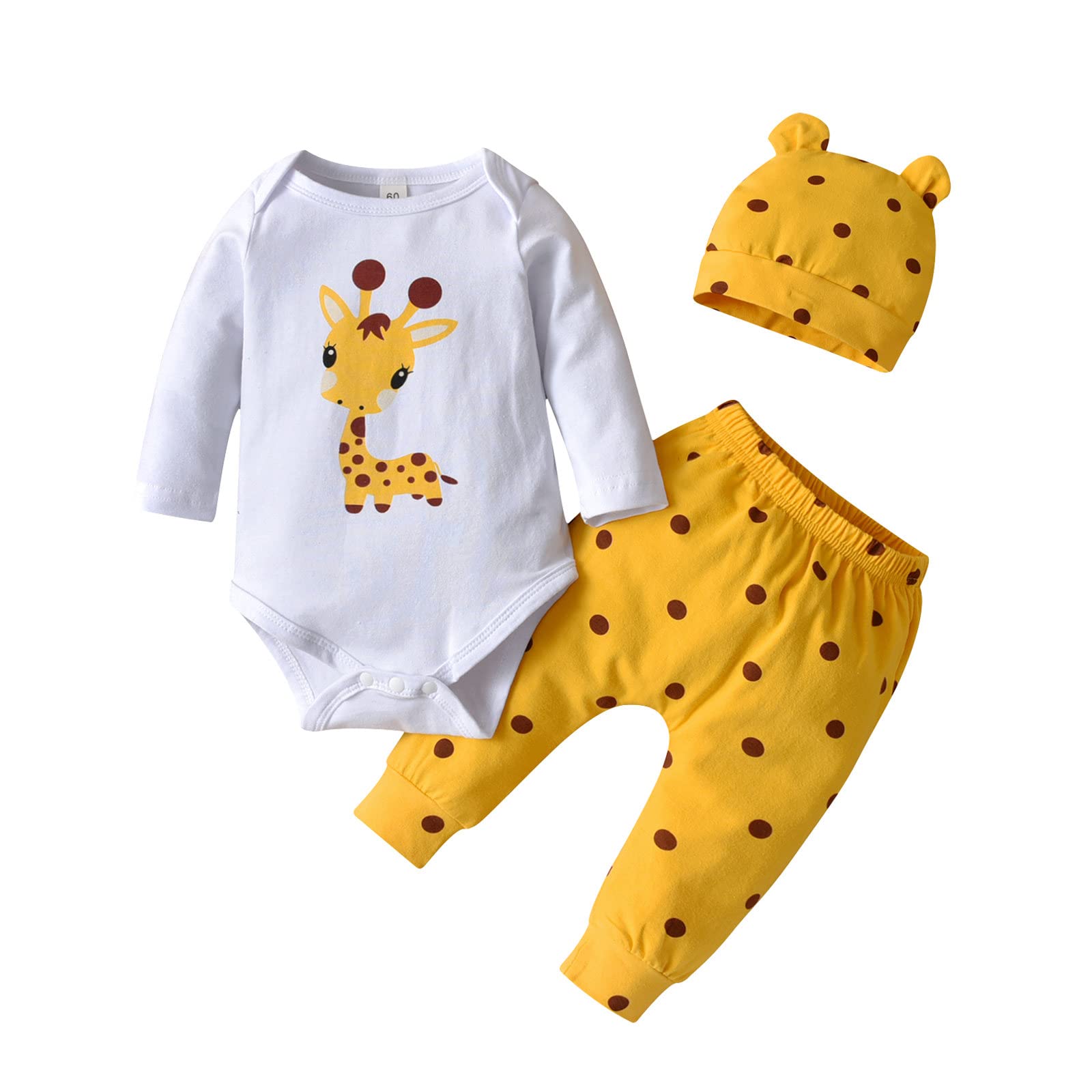 FupalityNewborn Baby Girl Clothes Sets Long Sleeve Giraffe Print Top Pants with Hat Infant Outfits Set