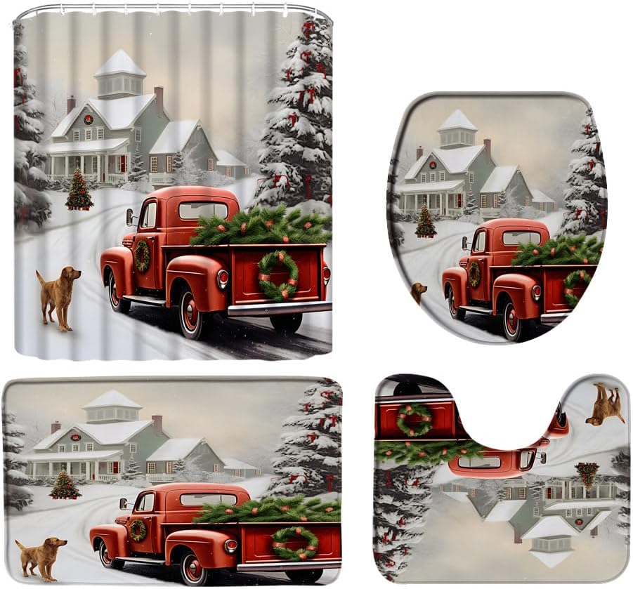 Winter Christmas Shower Curtain Red Christmas Truck Dog Pine Tree Holiday Happy New Year Fabric Bathroom Curtain Set with Hooks(70" Wx74.8 H)