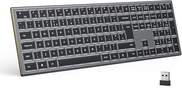Seenda Wireless Illuminated Keyboard with White Backlight, 2.4G Cordless Rechargeable Keyboard with 1600mAh Battery Full Size UK Layout QWERTY for PC Computer Laptop Desktop Windows Mac OS, Dark Grey