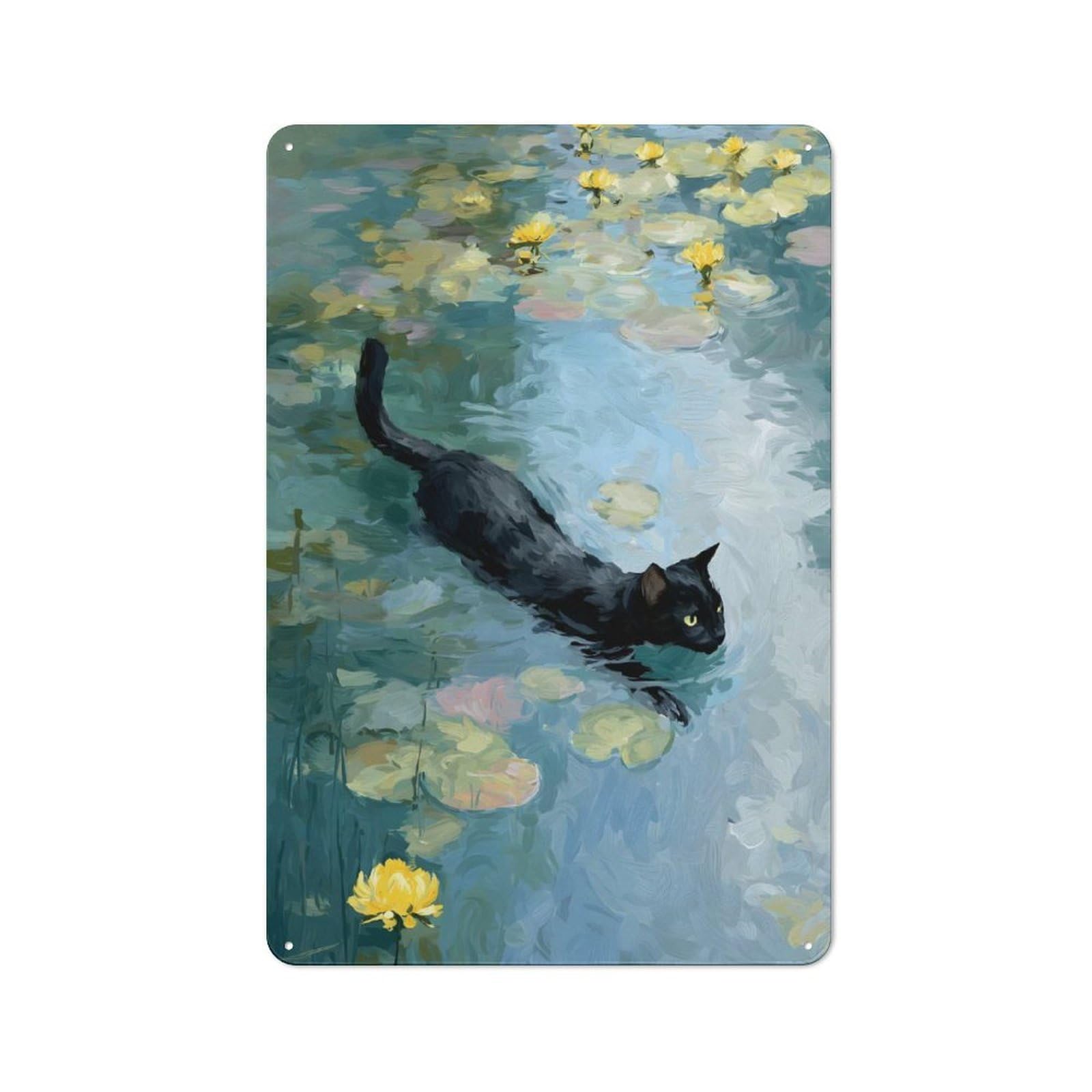 Junmoney Cat Swimming In Lily Pond Rustic Tin Sign 30X20cm For Hallway Wall, For Home Decor Fans Who Collect Metal Signs