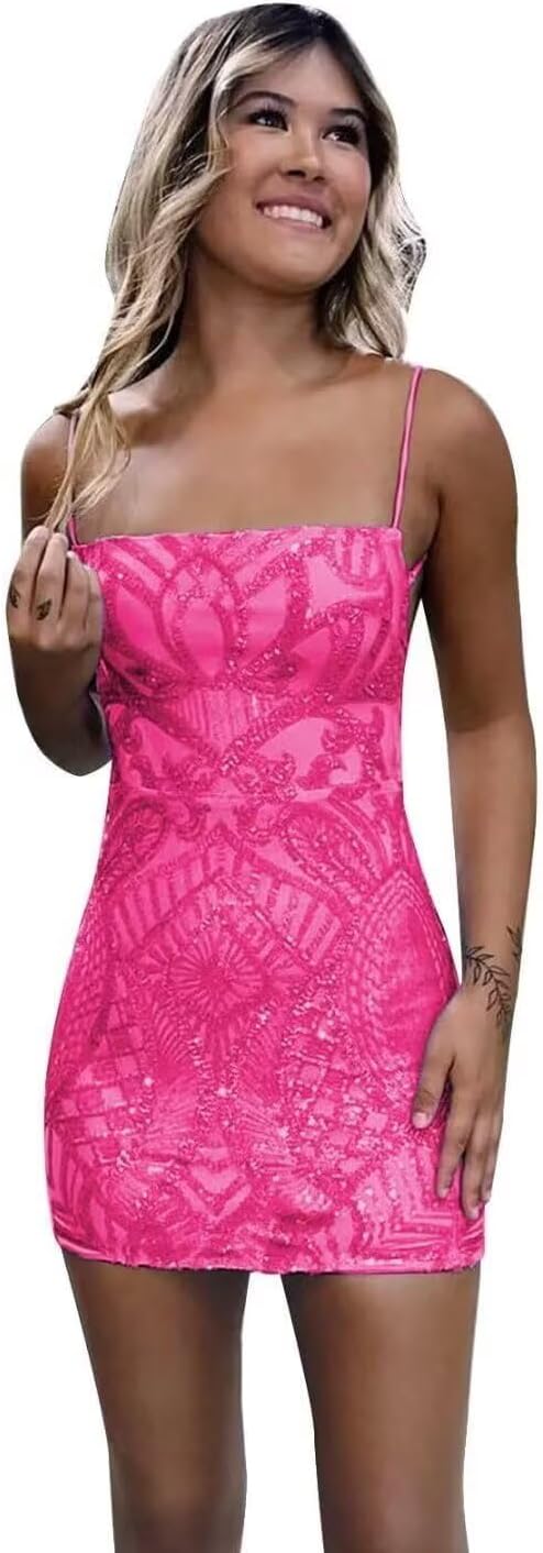 Sparkly Sequin Homecoming Dress for Teens Tight 2024 Spaghetti Straps Short Prom Gown