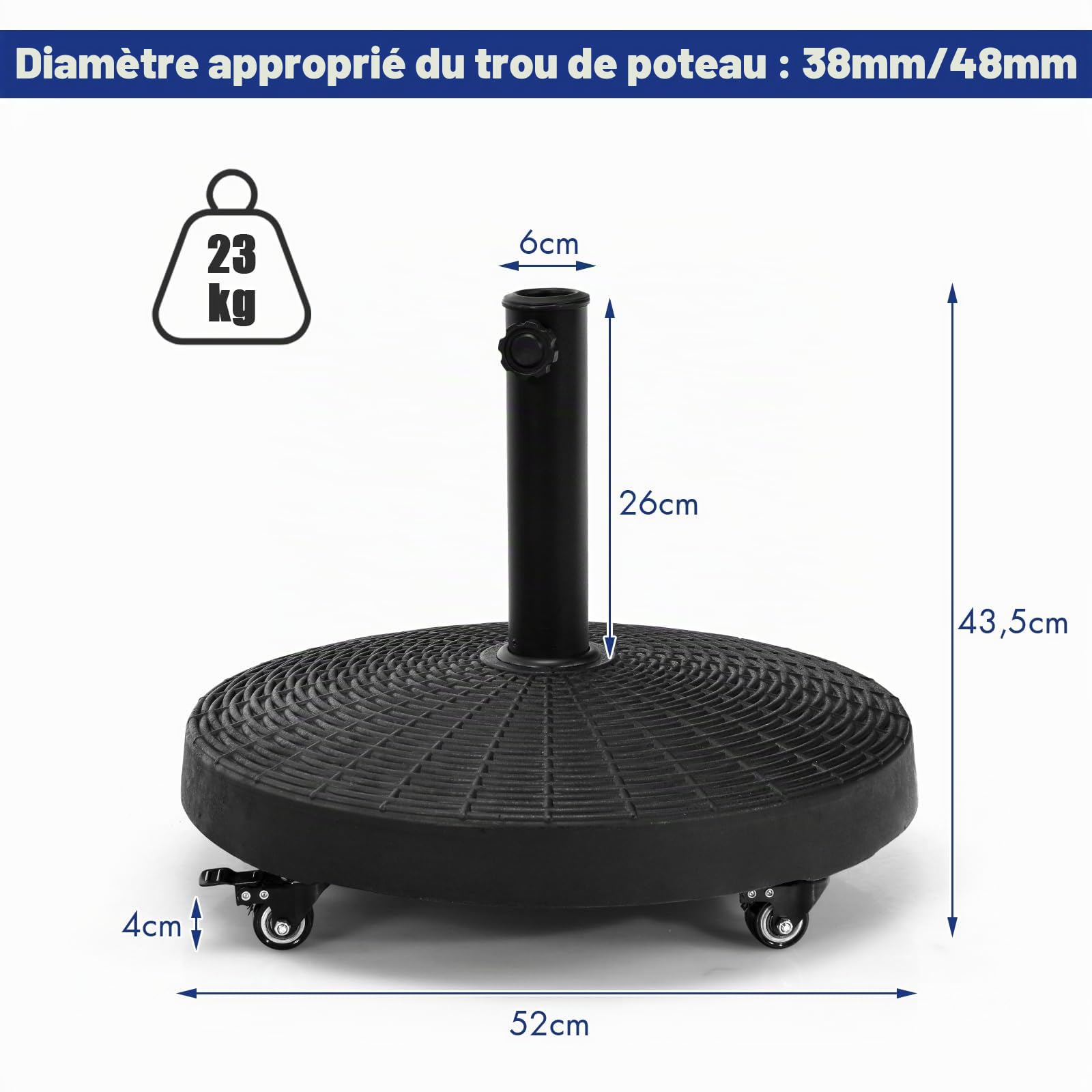 KOMFOTTEU Pied de parasol avec roulettes - Diamètre : 52 cm - Pour tige de parasol de 38 mm / 48 mm - Roulable - 23 kg - Noir