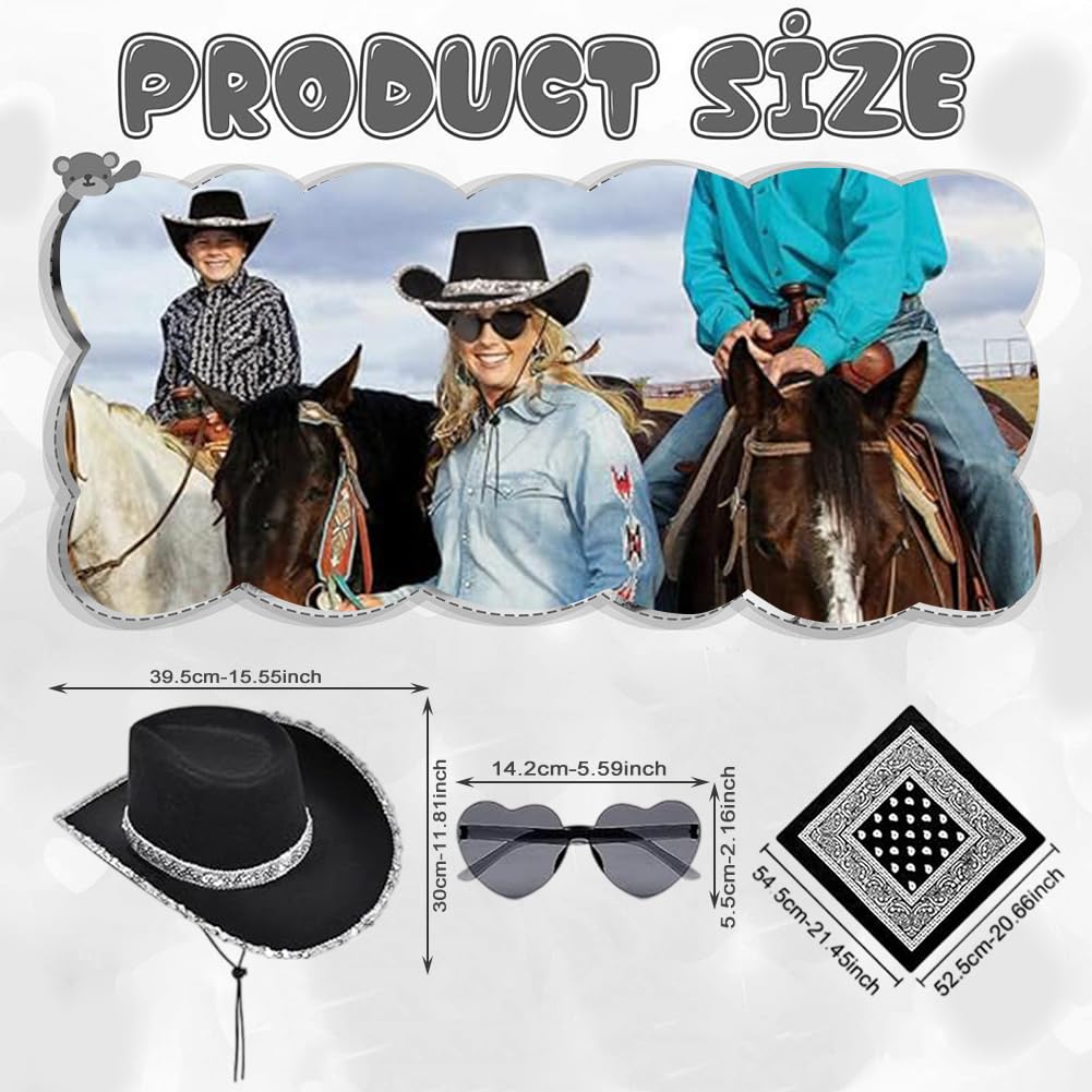 Chapeau de Cow Boy Noir, Cowgirl Chapeau 3 Pièces, Costume de Cow-boy de l'Ouest, Convient aux Adultes et aux Enfants pour une Utilisation lors de Carnavals et de Festivals