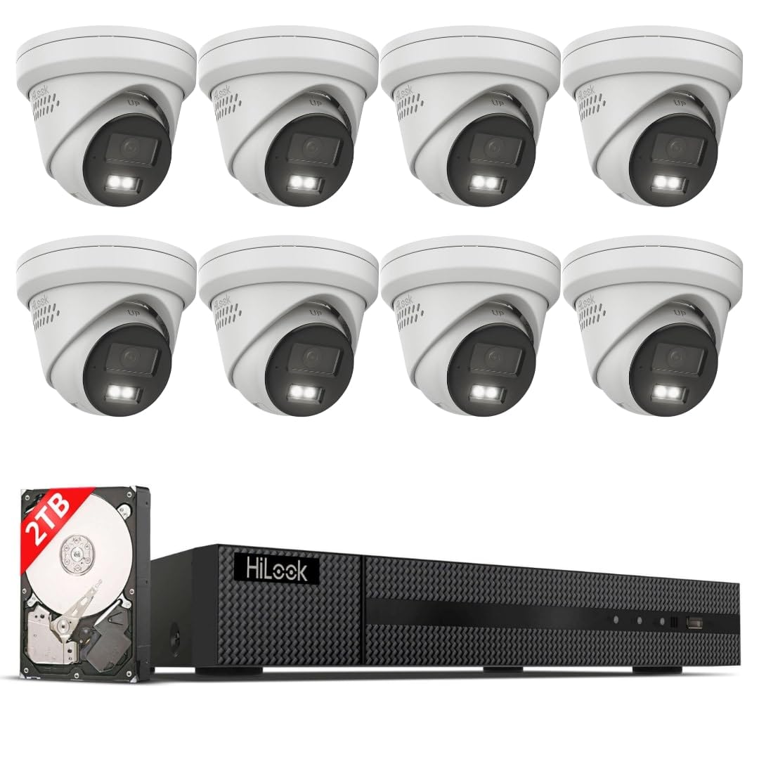 HiLook® by HIKVISION Überwachungskamera Set 8X 8MP 4K Turret PoE mit KI Personen und Fahrzeugerkennung und Hybrid Light Nachtsicht wetterfest IP67 NVR 8CH 2TB HDD App Steuerung Plug and Play