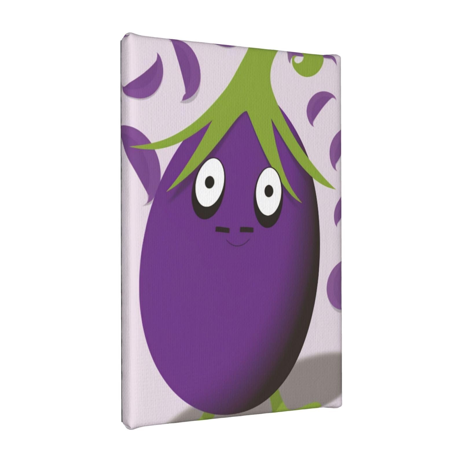YKLJG Cartoon Eggplant Printed Wall Art Canvas Painting 20x30 CM Wooden Framed Picture Painting Artwork Prints for Bedroom Kitchen Home Office Decor
