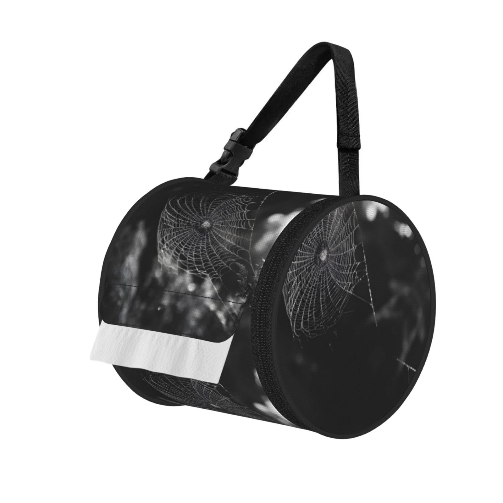Cobweb Printed Cylindrical Tissue Bag Portable Oxford Cloth, Foldable Travel Tissue Holder With Zipper And Adjustable Belt